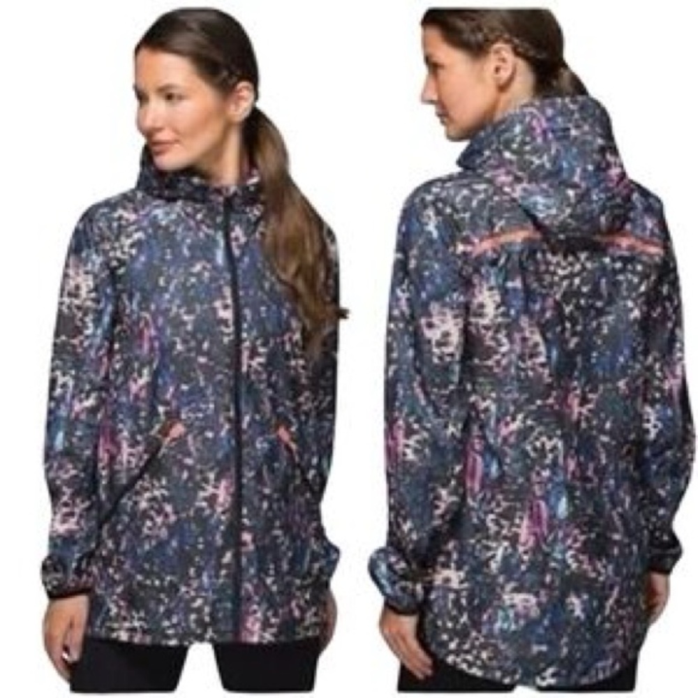 Women's Printed Hooded Rain Jacket - Navy Multi